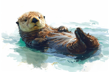 Naklejka na ściany i meble A delightful illustration of a pudgy sea otter floating on its back, cheeks adorned with a blissful smile, showcasing the adorable and charming qualities of pudgy marine companions