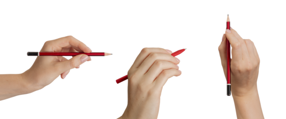 Hand holding simple pencil, drawing, sketching, writing, above and side view, isolated on white