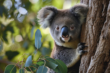 Obraz premium An enchanting image of a round-faced chubby koala clinging to a eucalyptus tree, cheeks squished against the leaves, epitomizing the irresistible cuteness of pudgy marsupial compan