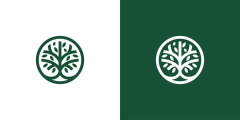 line art nature logo vector design oak tree inside circle, abstract tree logo symbol inside circle	