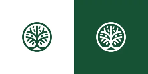 Tuinposter line art nature logo vector design oak tree inside circle, abstract tree logo symbol inside circle  © zulfan