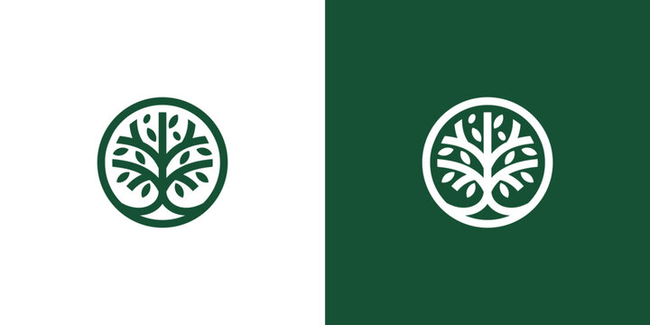line art nature logo vector design oak tree inside circle, abstract tree logo symbol inside circle	