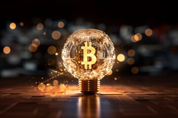 bitcoin sign glowing in a lightbulb with bokeh background. invention crypto currency concept. cyberspace banking technology blockchain idea solution theme. - obrazy, fototapety, plakaty