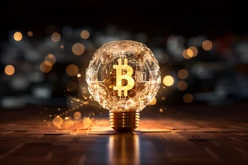 Foto op Plexiglas bitcoin sign glowing in a lightbulb with bokeh background. invention crypto currency concept. cyberspace banking technology blockchain idea solution theme. © JerreMaier