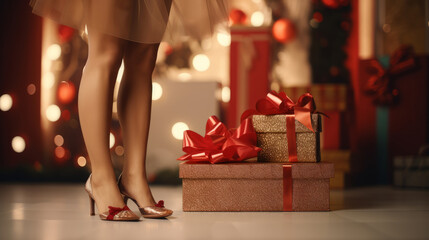 Female legs in heels and festive gift boxes AI - obrazy, fototapety, plakaty