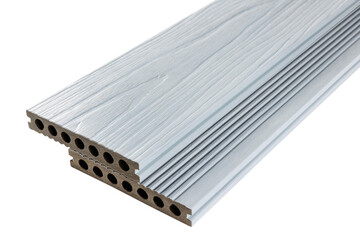 Wood plastic composite patio decking boards isolated on white background