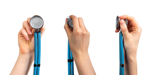 Hands holding stethoscope set, isolated on white