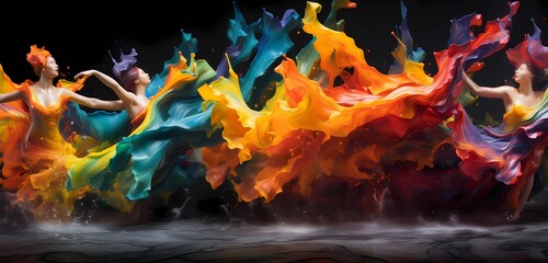 Liquid streams of vibrant colors colliding and splashing in a dynamic ballet, creating a visually stunning and abstract composition