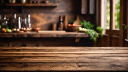 Kitchen background with an empty brown wooden table. Cooking supplies, decorations. Wallpaper with an free space. Rays of light. Daylight.