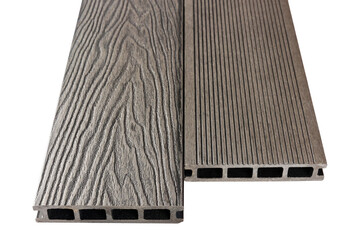 Wood plastic composite patio decking boards isolated on white background