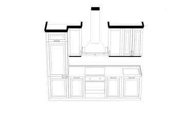 Kitchen interior furniture isolated on a white background, outline illustration, sketch
