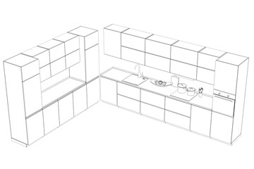 Fototapeta premium Kitchen interior furniture isolated on a white background, outline illustration, sketch