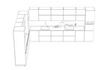 Kitchen interior furniture isolated on a white background, outline illustration, sketch