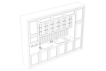 Kitchen interior furniture isolated on a white background, outline illustration, sketch