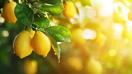 Lemon tree with ripe fresh yellow lemons and dew drops on blurred citrus fruit farm agriculture background,closeup, design copy space for text.NON GMO and Organic Products concept.