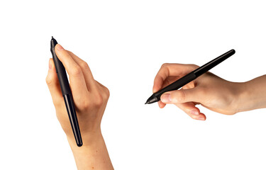 Hand holding stylus, pen tool isolated on white background