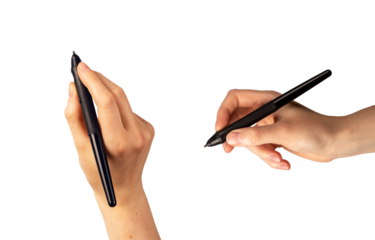 Hand holding stylus, pen tool isolated on white background