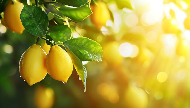 Lemon tree with ripe fresh yellow lemons and dew drops on blurred citrus fruit farm agriculture background,closeup, design copy space for text.NON GMO and Organic Products concept.