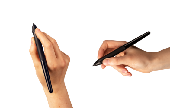 Hand holding stylus, pen tool isolated on white background