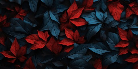 Fall foliage in a variety of shades serves as a backdrop. Design with vibrant red and blue tropical foliage. Stylish design for outdoor decor. A top-down perspective with a copy-and-paste overlay.