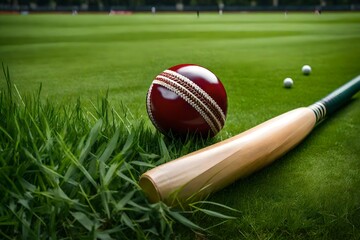  bat and ball on grass, Leather Cricket ball resting on a cricket bat placed on green grass cricket ground pitch stock photo