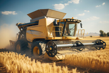 Fototapeta premium Photo of approaching modern yellow combine during harvest of the wheat field during hot summer day with blue sky and white clouds using GPS for precision farming and navigation across the field.