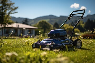 Lawn mower on green grass on beautiful lawn on landscape background with house and clear blue sky. Machine for cutting lawns. Gardening care tools and equipment. Copy space - obrazy, fototapety, plakaty