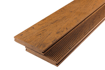 Wood plastic composite patio decking boards isolated on white background