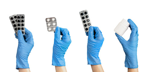 Hand holding pills, drugs, medicines in blisters and jar set, isolated on white