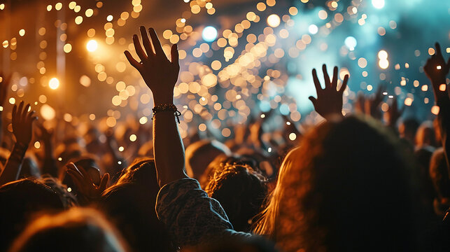folla vista di spalle a un concerto, grande festa con luci e coriandoli, mani alzate a ballare