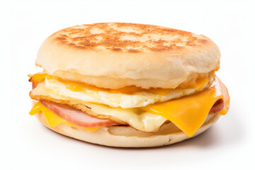 English muffin with fried egg, ham and cheese breakfast isolated on the white background - obrazy, fototapety, plakaty