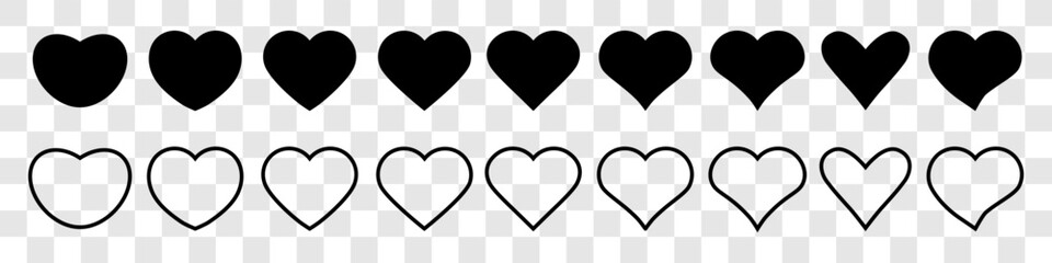 Black Heart icon.Line heart shape.Simple heart icon.Vector set of love symbols.Black hearts collection isolated on transparent background.