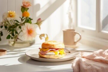 English muffin with fried egg, ham and cheese breakfast on the kitchen by the window in sunlight