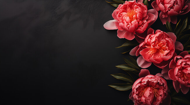 Flower frame with red peonies on the dark background. Visual concept for greeting card, invitation or romantic event, flatlay banner with space for text