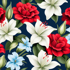 Red roses and white and blue lilies on a dark blue background floral seamless pattern