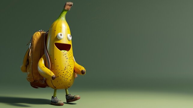 A gleeful banana character with a little backpack, as if going hiking, on a plain forest green background.