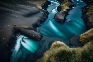 Gordijnen A glacial rivers from above. Aerial photograph of the river streams from Icelandic glaciers. Beautiful art of the Mother nature created in Iceland. Wallpaper background high quality photo  © Muzamil