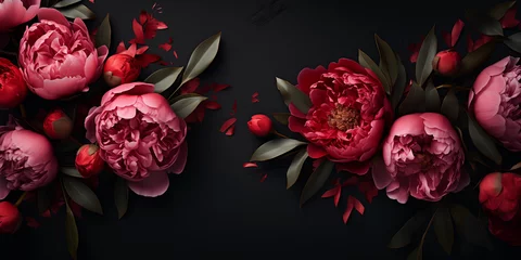 Rolgordijnen Pioenrozen Flower frame with red and pink peonies on the dark background. Visual concept for greeting card, invitation or romantic event, flatlay banner with space for text