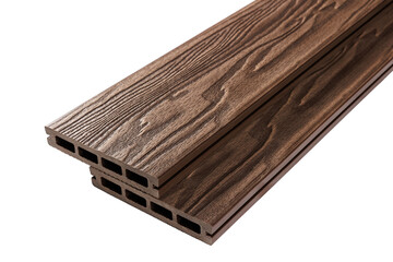 Wood plastic composite patio decking boards isolated on white background