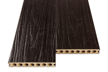 Wood plastic composite patio decking boards isolated on white background