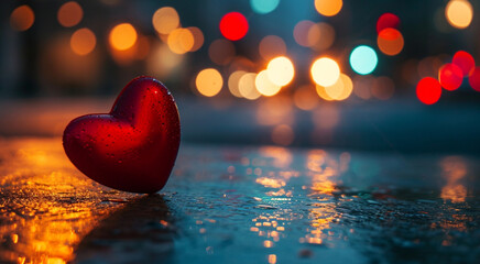 Coração vermelho sob luzes bokeh em noite chuvosa