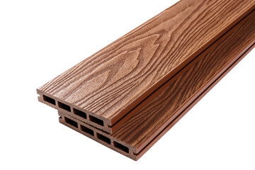 Wood plastic composite patio decking boards isolated on white background