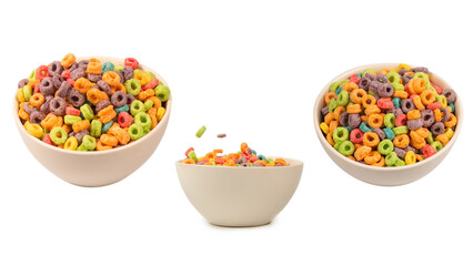 Colorful rings cereal spill out into a bowl. Breakfast. Isolated.