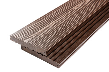 Wood plastic composite patio decking boards isolated on white background