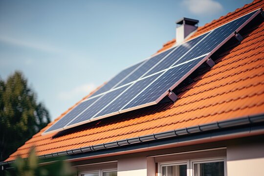 Solar panels on the roof of a house. Sustainable green energy concept. Ai Generative