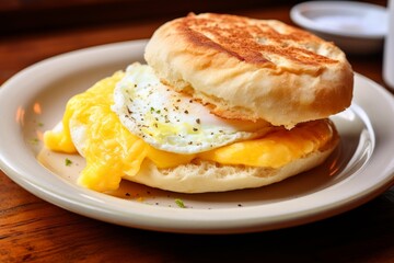 Homemade English muffin with fried egg and cheese breakfast on the white plate - obrazy, fototapety, plakaty