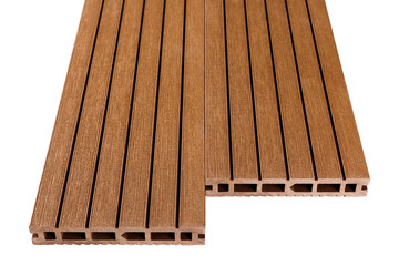 Wood plastic composite patio decking boards isolated on white background