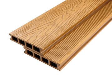 Wood plastic composite patio decking boards isolated on white background