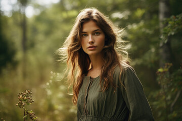 Naklejka premium Young woman in green dress amidst woodland.