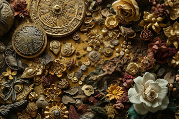 Obraz premium Top-down view capturing the symbolic details of wealth, creatively arranged to form a visually striking work of art, beautifully framed in a photo